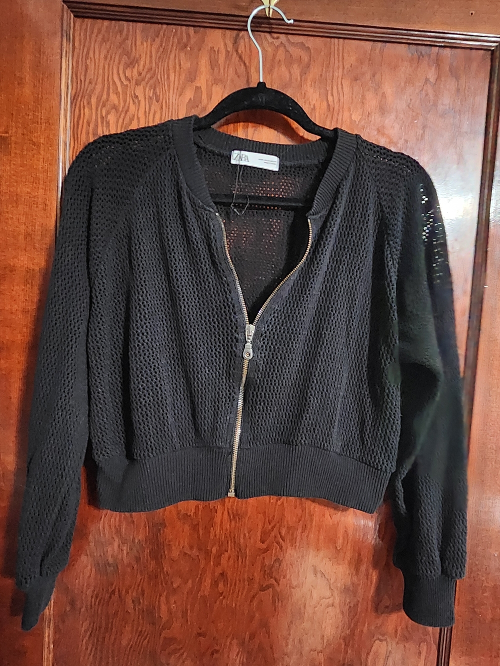 ZARA Black Open-Knit Bomber Jacket with Gold Zip